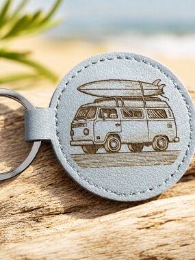 Cute blue engraved surfer van keychain